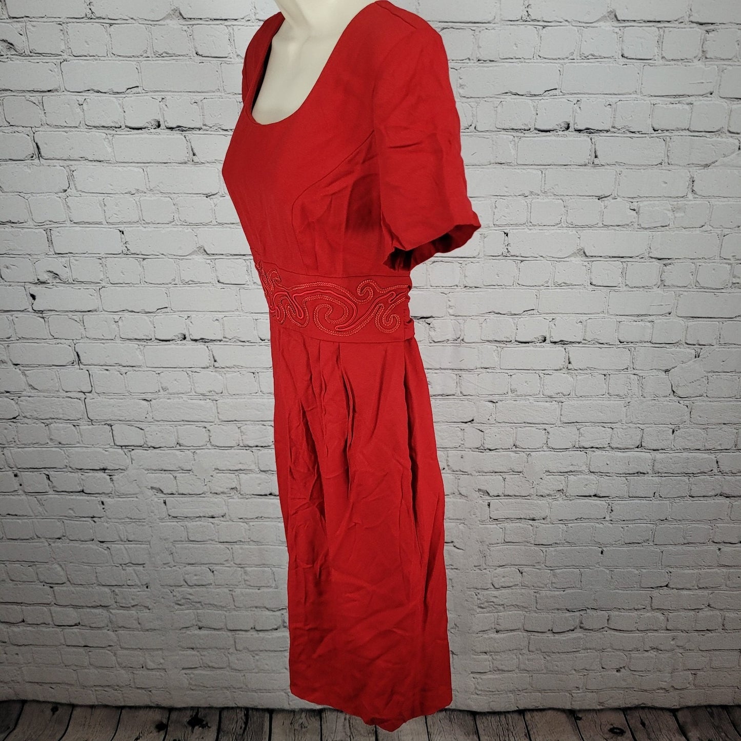 VTG John Roberts Red Embellished Waist Tie Short Sleeve Midi Dress USA Size 6