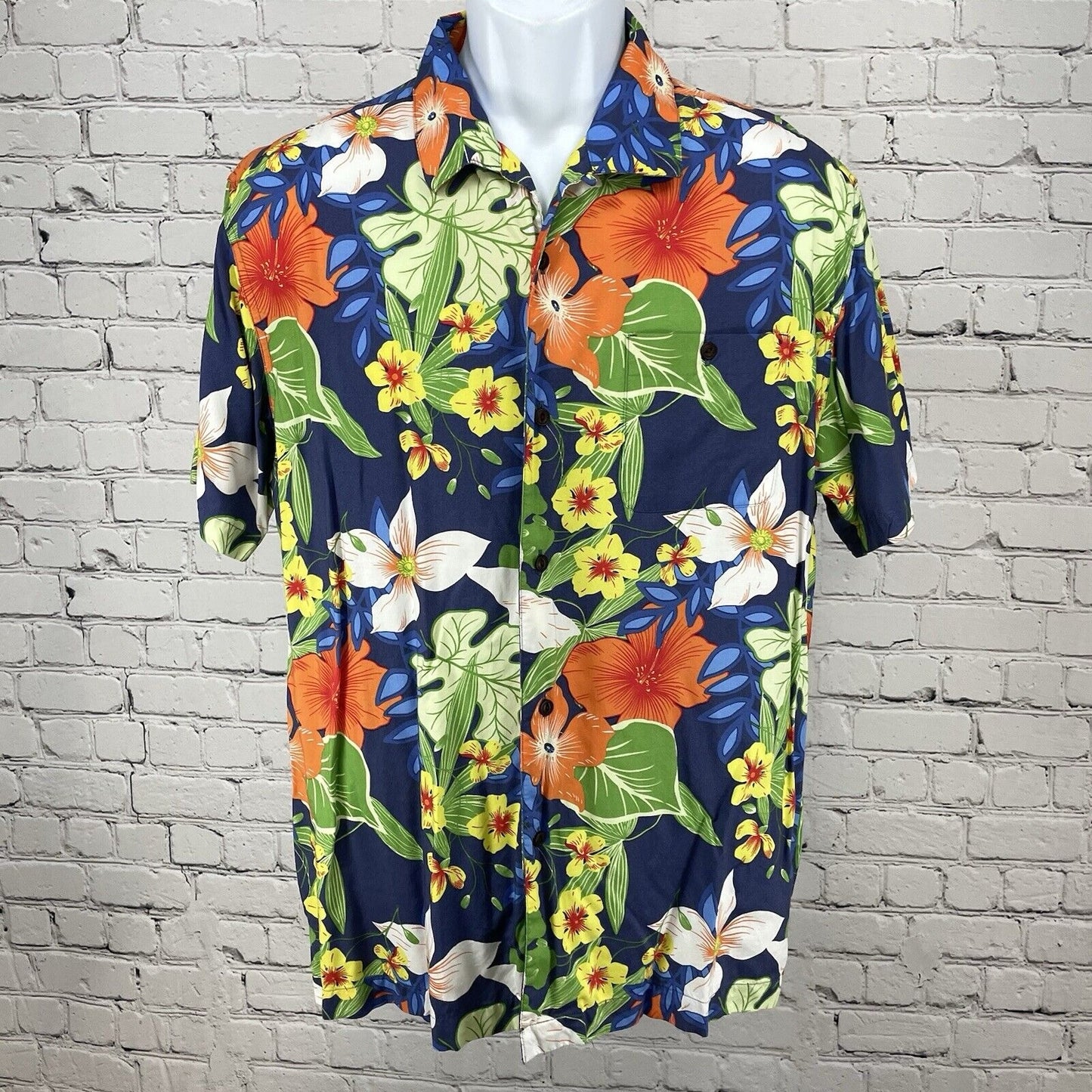 Cubavera Blue Hawaiian Floral Button Up Short Sleeve Collared Size Large L