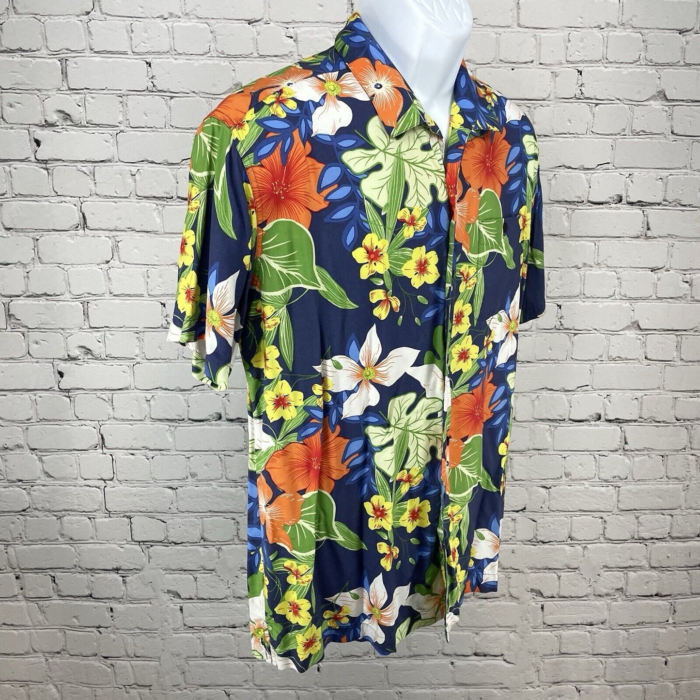 Cubavera Blue Hawaiian Floral Button Up Short Sleeve Collared Size Large L