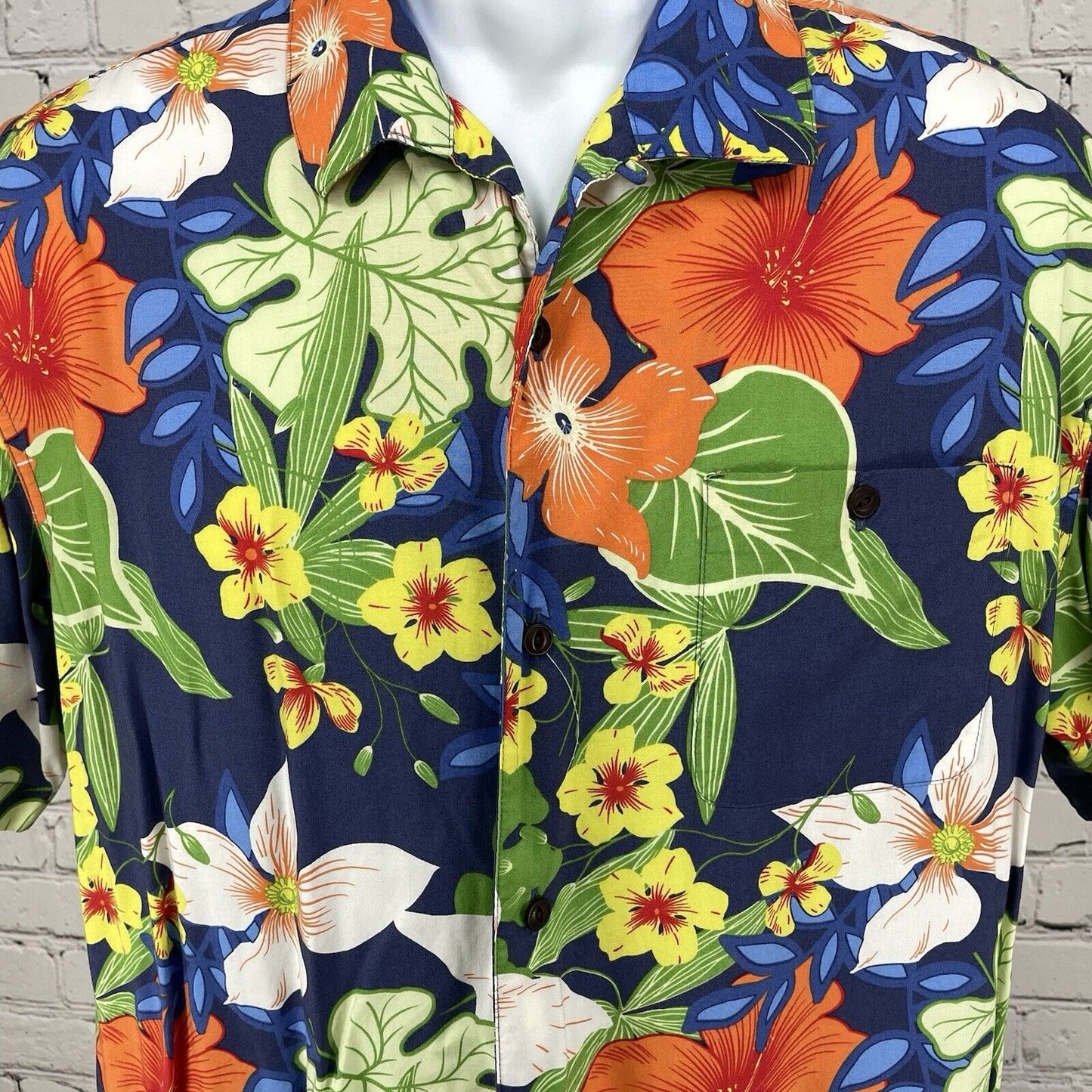 Cubavera Blue Hawaiian Floral Button Up Short Sleeve Collared Size Large L