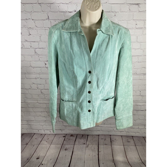 Vintage Live A Little Seafoam Green 100% Leather Snap Up Collared Jacket Size L