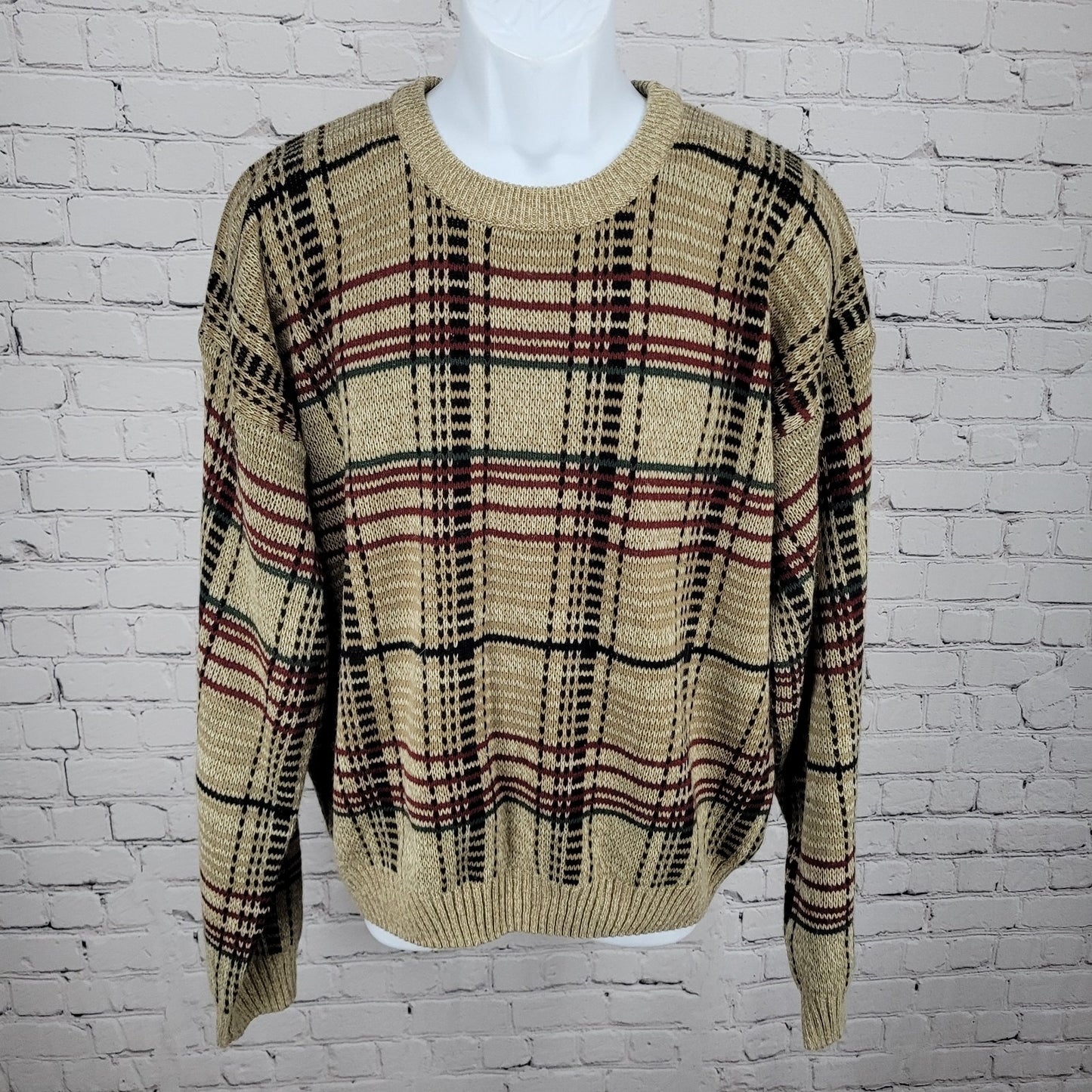 VTG Windridge Tan Multicolor Knit Check Crew Neck Pullover Sweater Korea XL