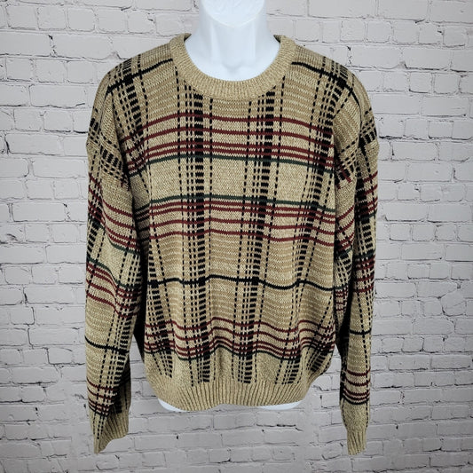 VTG Windridge Tan Multicolor Knit Check Crew Neck Pullover Sweater Korea XL