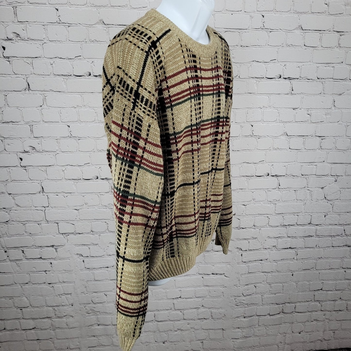 VTG Windridge Tan Multicolor Knit Check Crew Neck Pullover Sweater Korea XL