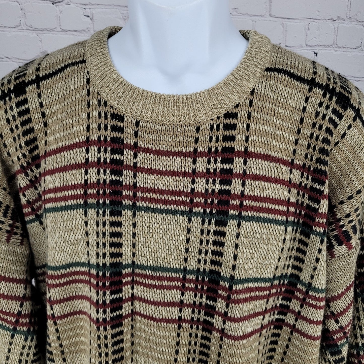 VTG Windridge Tan Multicolor Knit Check Crew Neck Pullover Sweater Korea XL
