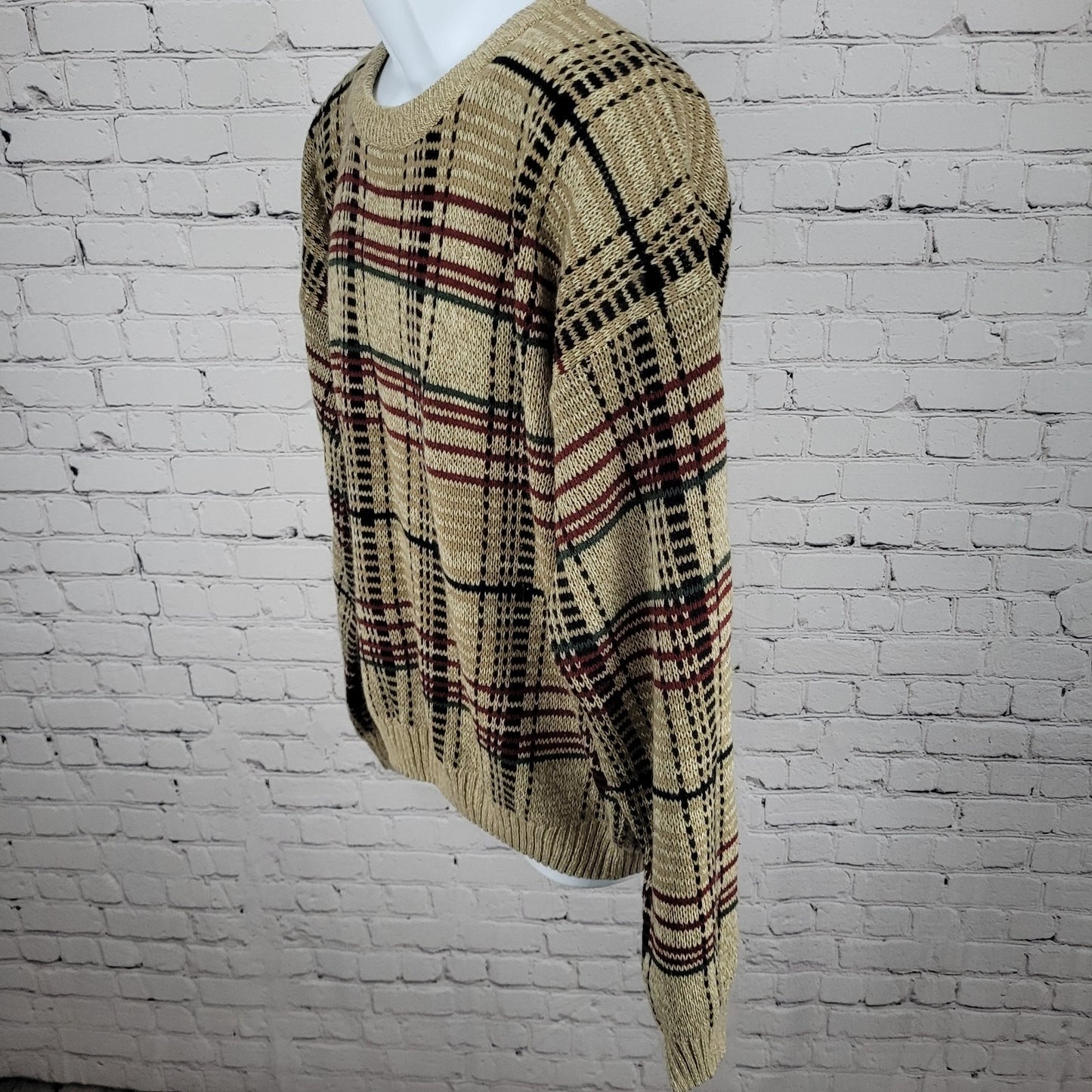 VTG Windridge Tan Multicolor Knit Check Crew Neck Pullover Sweater Korea XL