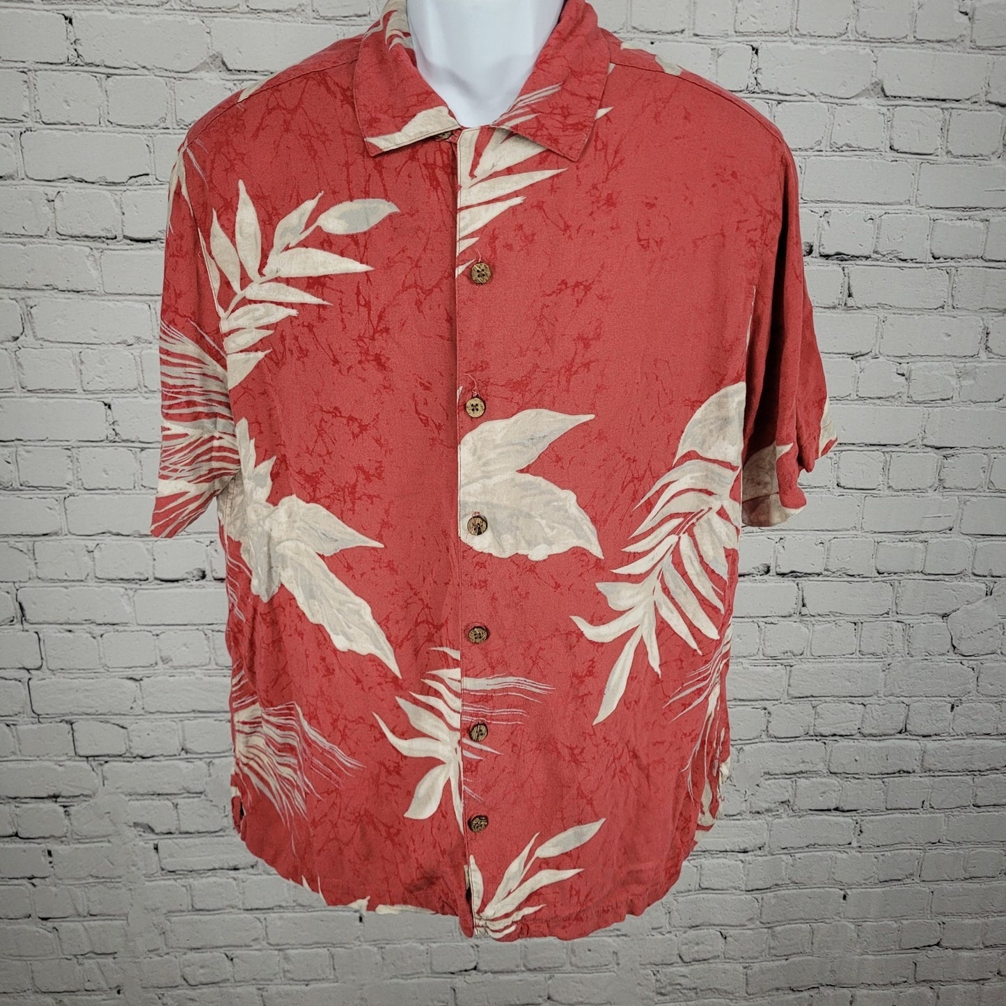 Hayana Jack's Cafe Muted Red Hawaiian Button Up Short Sleeve Shirt Size Large L