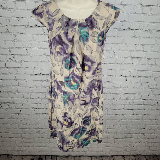 VTG Laura Ashley Tan & Purple Floral Cap Short Sleeve Lined Sheath Dress Size 9