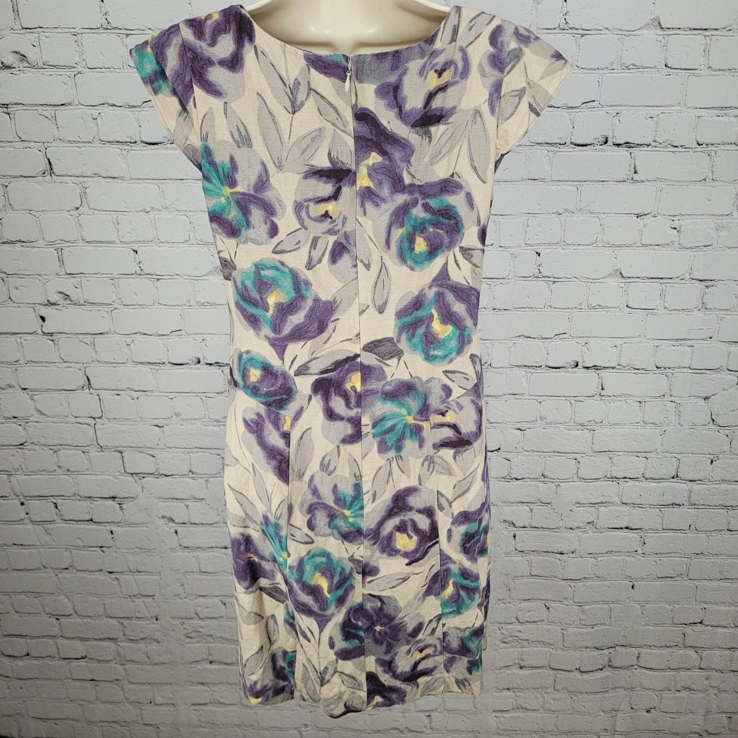VTG Laura Ashley Tan & Purple Floral Cap Short Sleeve Lined Sheath Dress Size 9