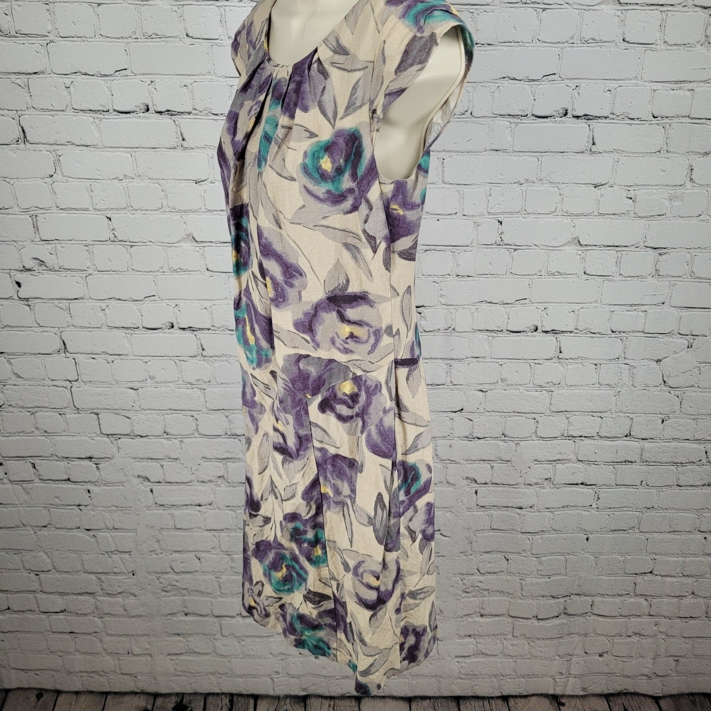 VTG Laura Ashley Tan & Purple Floral Cap Short Sleeve Lined Sheath Dress Size 9