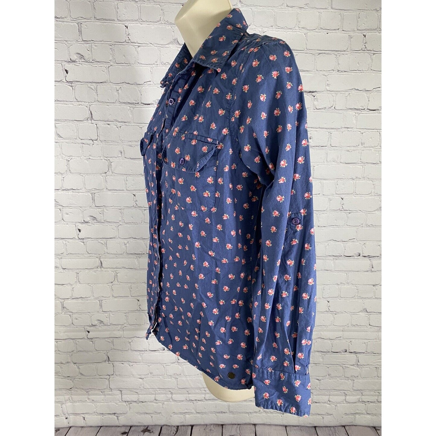 Tommy Girl Blue Floral Long Sleeve Button Up Collared Shirt Pockets Juniors L