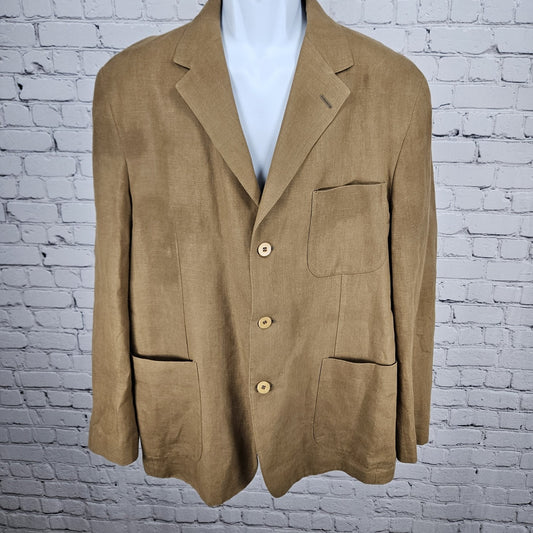 Barry Bricken Weekend Brown 100% Linen 3 Button Vented Blazer Sport Coat 42R