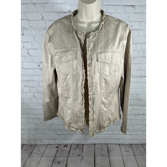 Chico’s Beige Long Sleeve Open Front Ruffle Trim Faint Floral Pattern Jacket M