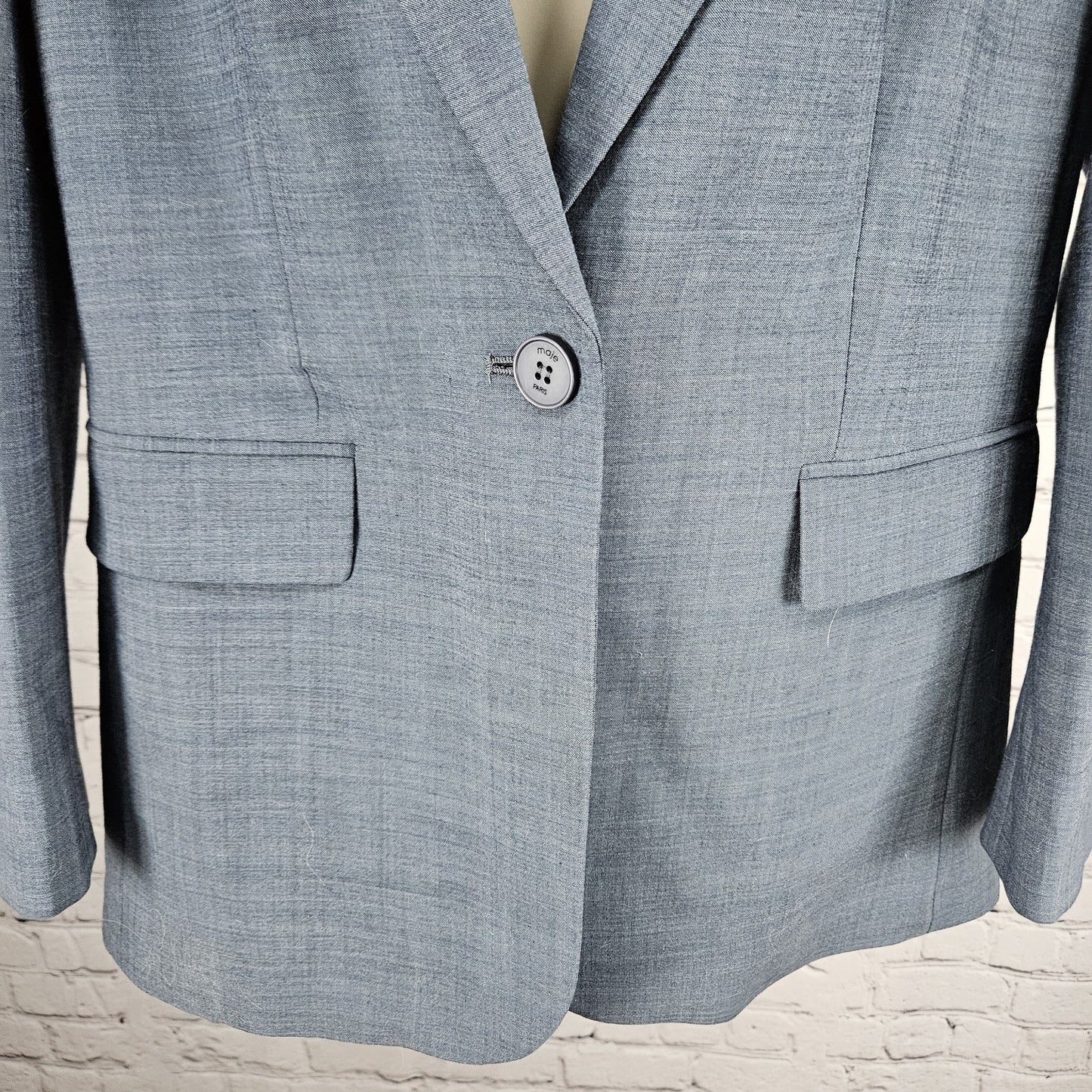 Maje Blue Wool Blend Stretch 1 Button Vented Notch Lined Blazer Suit Jacket 36
