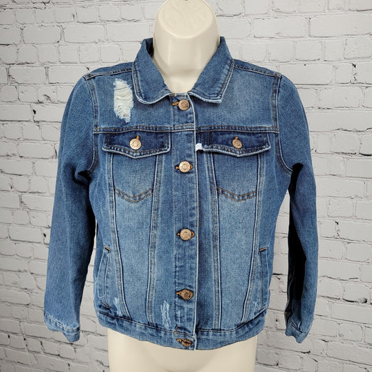 Tommy Bahama Blue Denim Distressed Pockets Buttoned Jean Jacket Girls Size 11-12