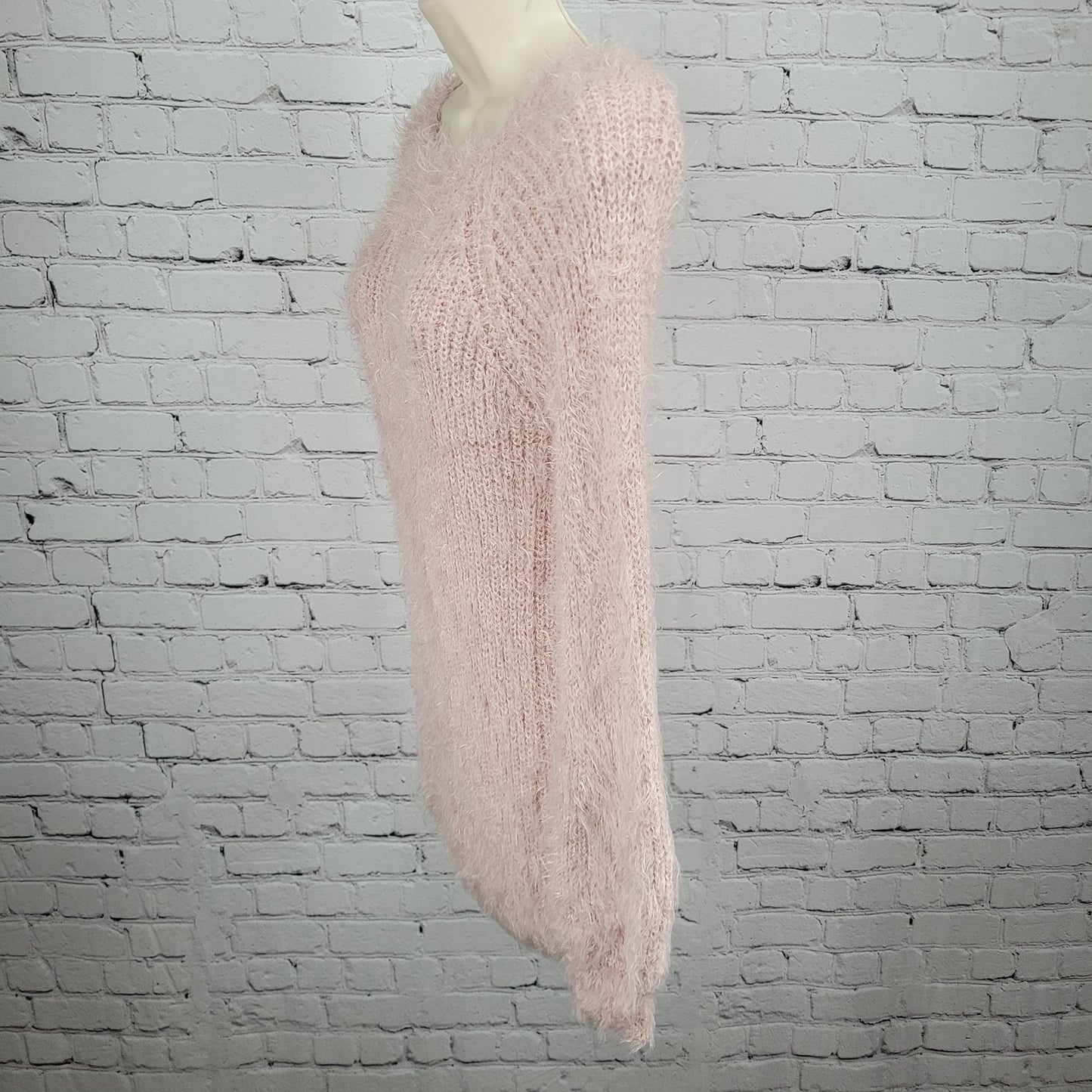 Don't Ask Why Pink Fuzzy Knit Faux Fur Long Sleeve Pullover Sweater Italy O/S