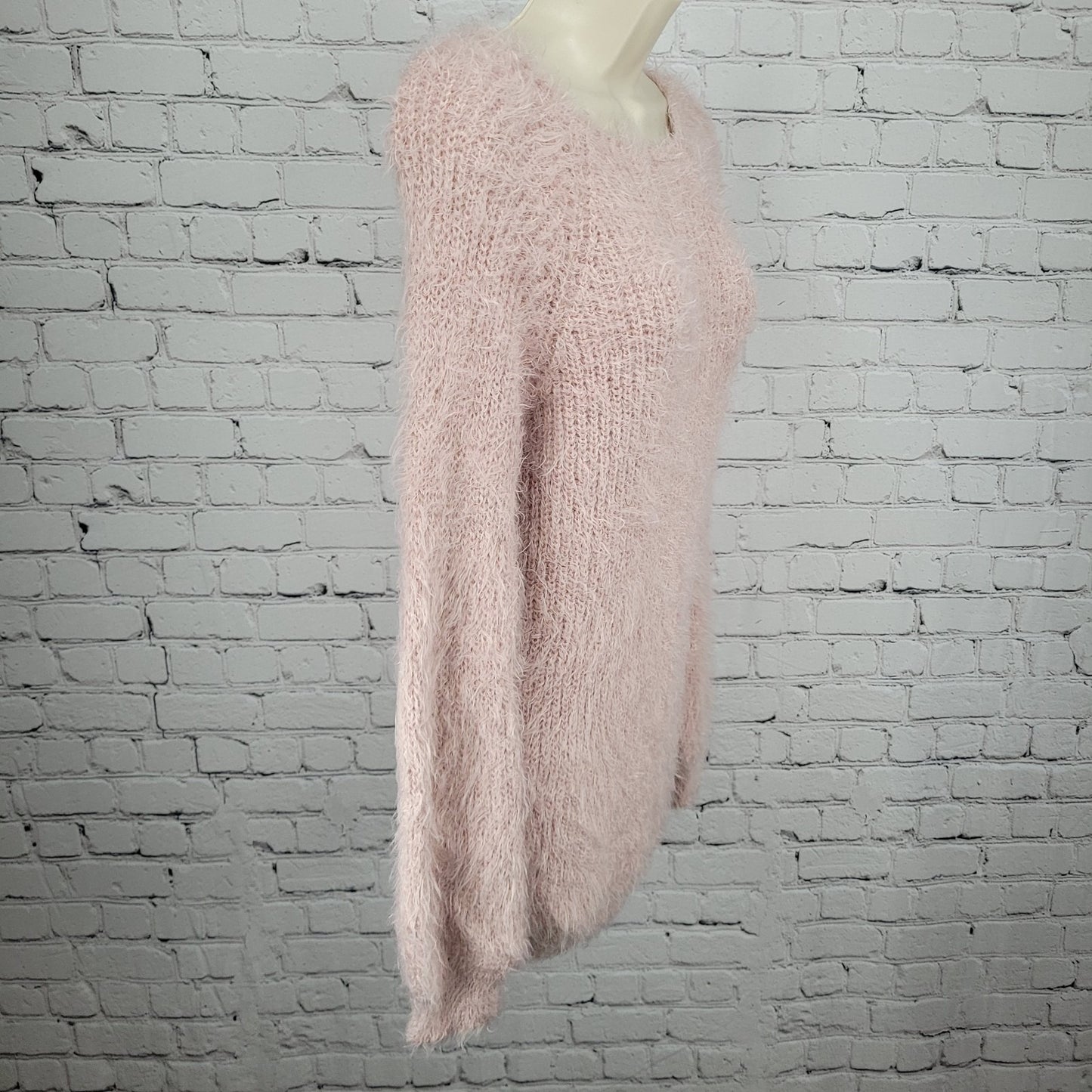 Don't Ask Why Pink Fuzzy Knit Faux Fur Long Sleeve Pullover Sweater Italy O/S