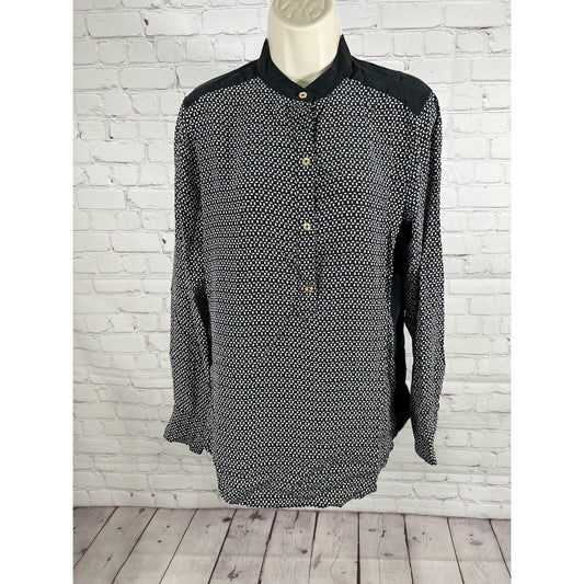 C Wonder Silk Popover Blouse Tunic Shirt Black White Geometric Pattern Size M