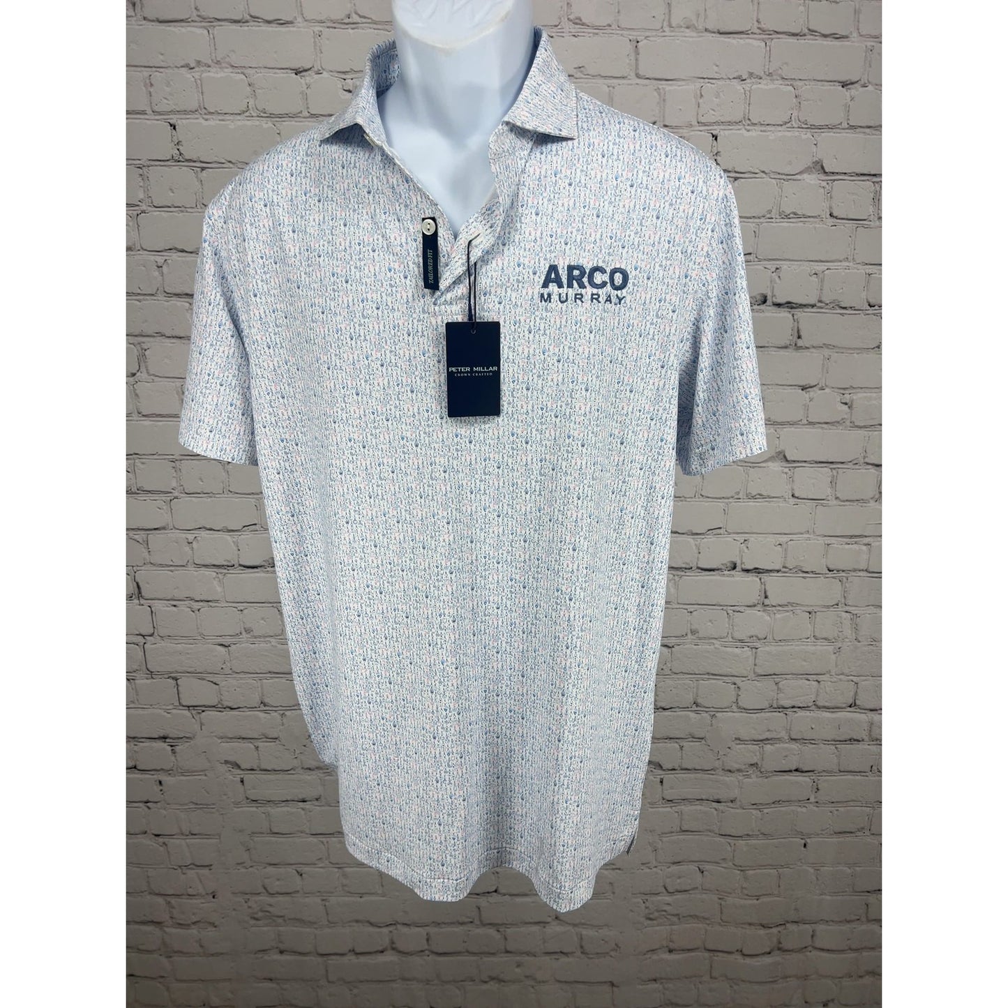 NWT Peter Millar Crown Crafted White Blue Novelty Print Tailored Fit Golf Polo M