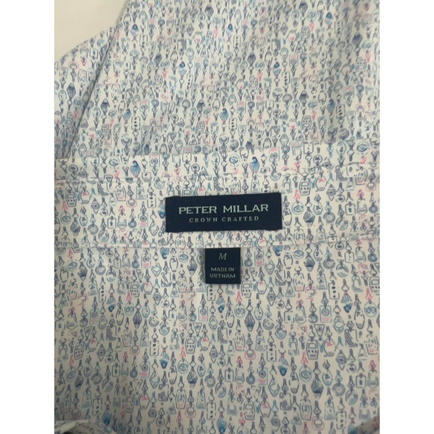 NWT Peter Millar Crown Crafted White Blue Novelty Print Tailored Fit Golf Polo M