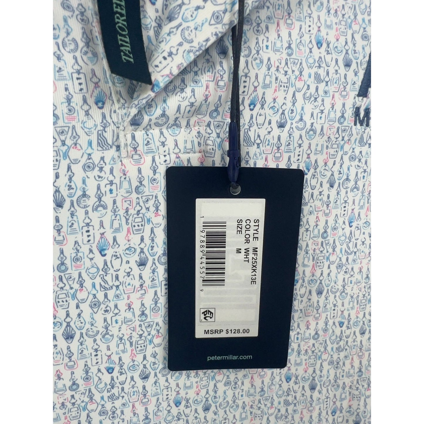 NWT Peter Millar Crown Crafted White Blue Novelty Print Tailored Fit Golf Polo M