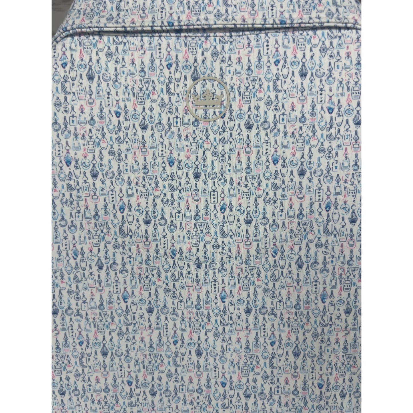 NWT Peter Millar Crown Crafted White Blue Novelty Print Tailored Fit Golf Polo M