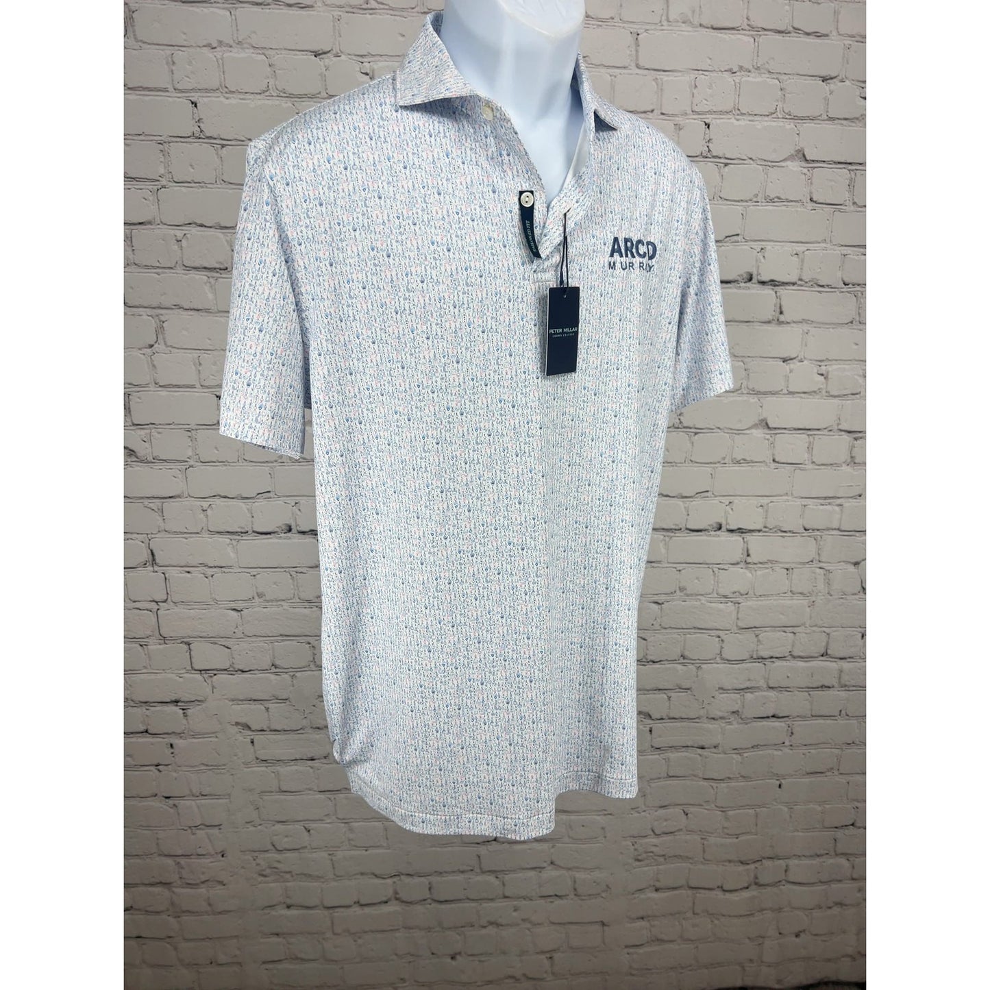 NWT Peter Millar Crown Crafted White Blue Novelty Print Tailored Fit Golf Polo M
