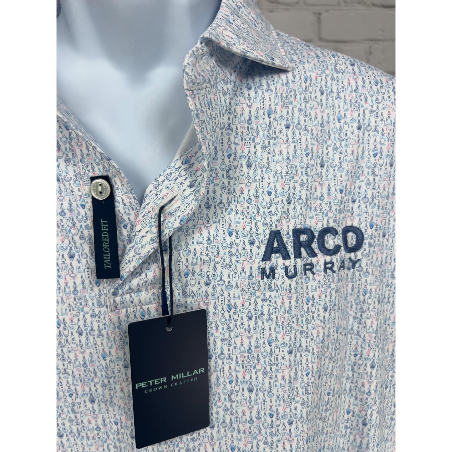 NWT Peter Millar Crown Crafted White Blue Novelty Print Tailored Fit Golf Polo M