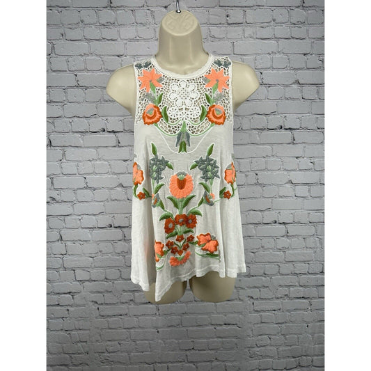 Free People Linen/Lyocell Blend White Floral Embroidered Tank Top Women’s S