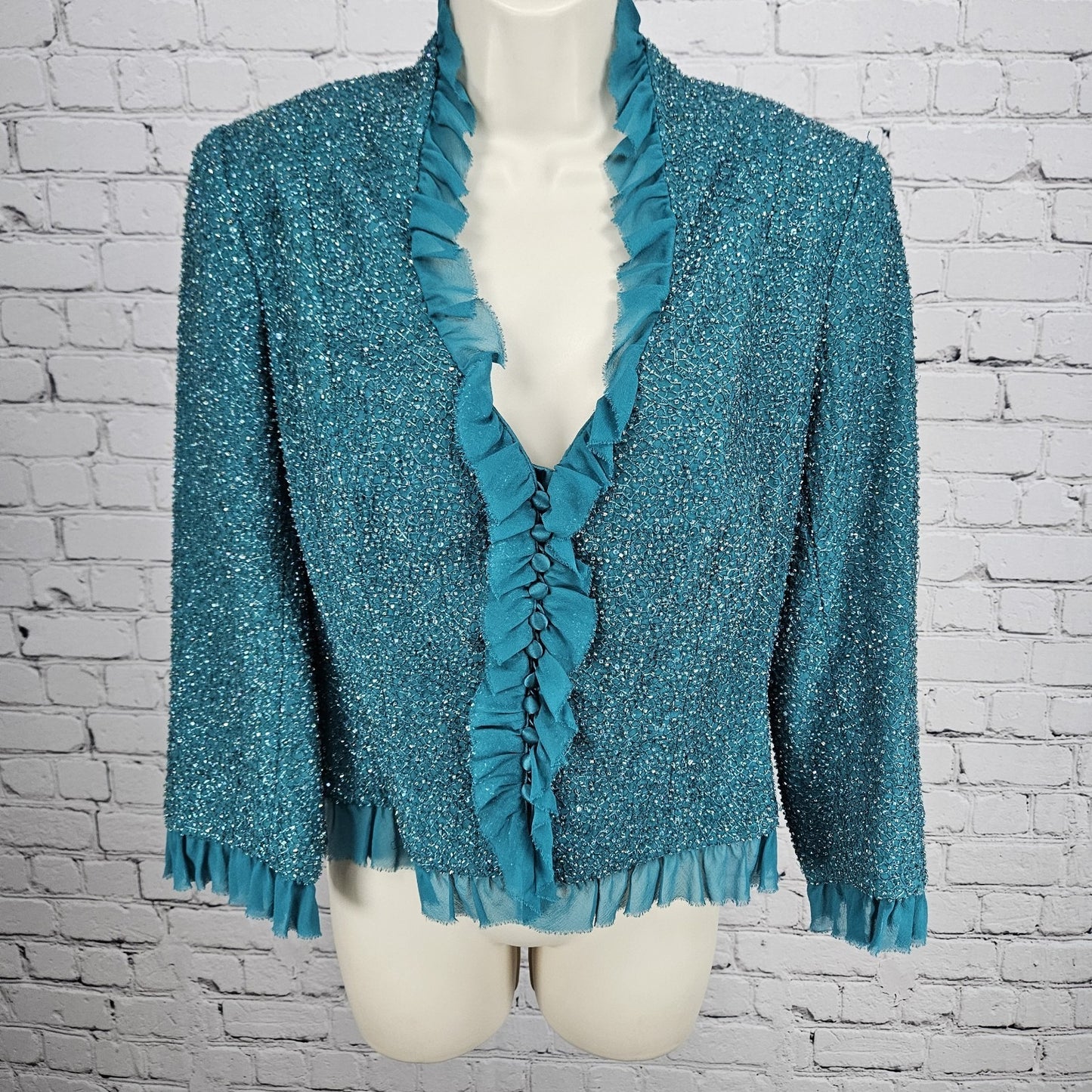 Carmen Marco Valvo Green Beaded Silk Lined Signature Ruffle 3/4 Sleeve Jacket 8