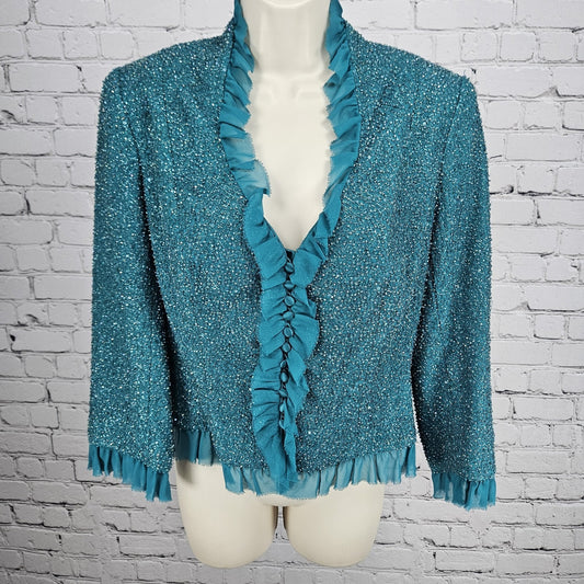 Carmen Marco Valvo Green Beaded Silk Lined Signature Ruffle 3/4 Sleeve Jacket 8