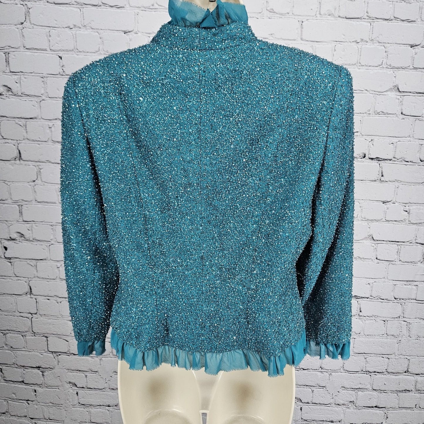 Carmen Marco Valvo Green Beaded Silk Lined Signature Ruffle 3/4 Sleeve Jacket 8