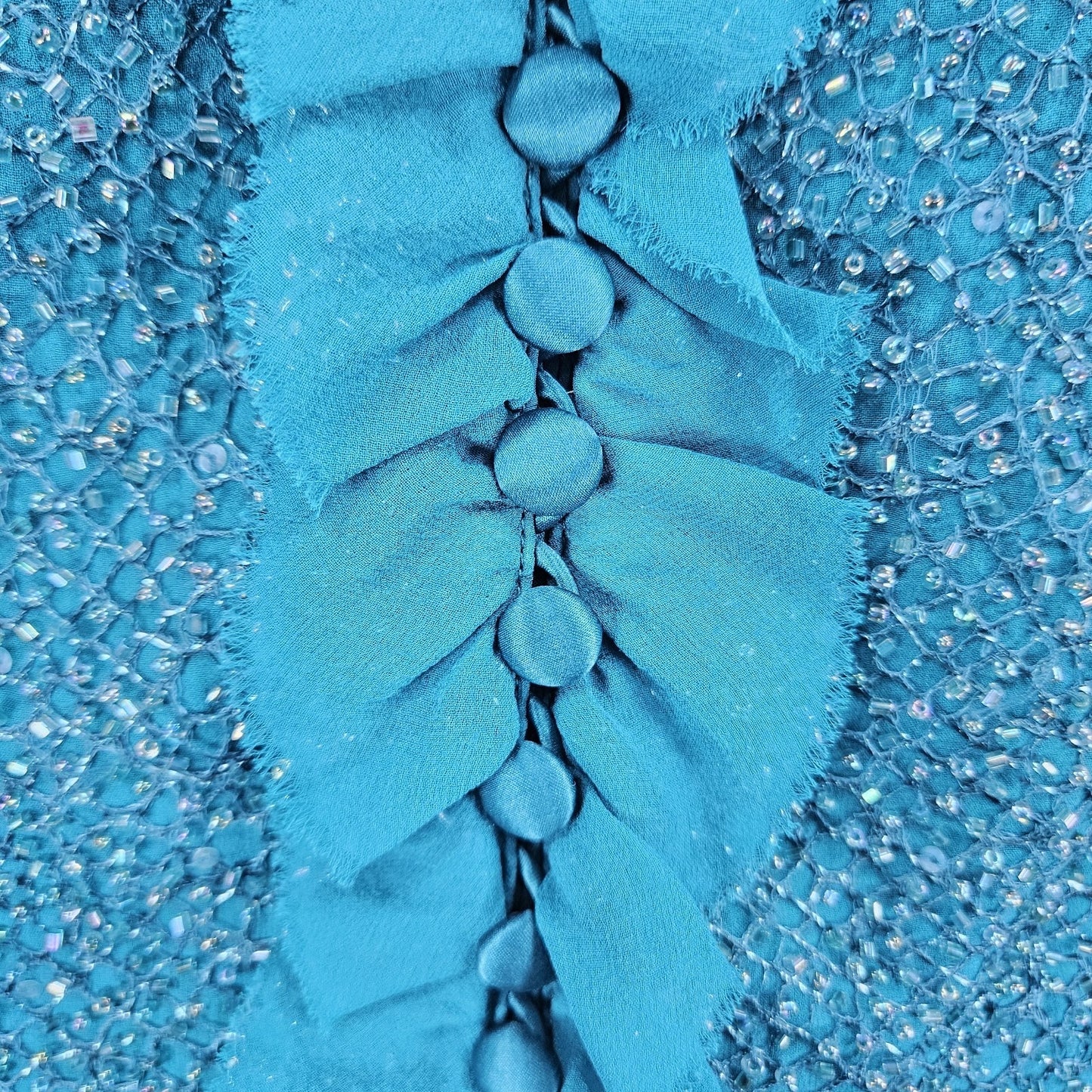 Carmen Marco Valvo Green Beaded Silk Lined Signature Ruffle 3/4 Sleeve Jacket 8