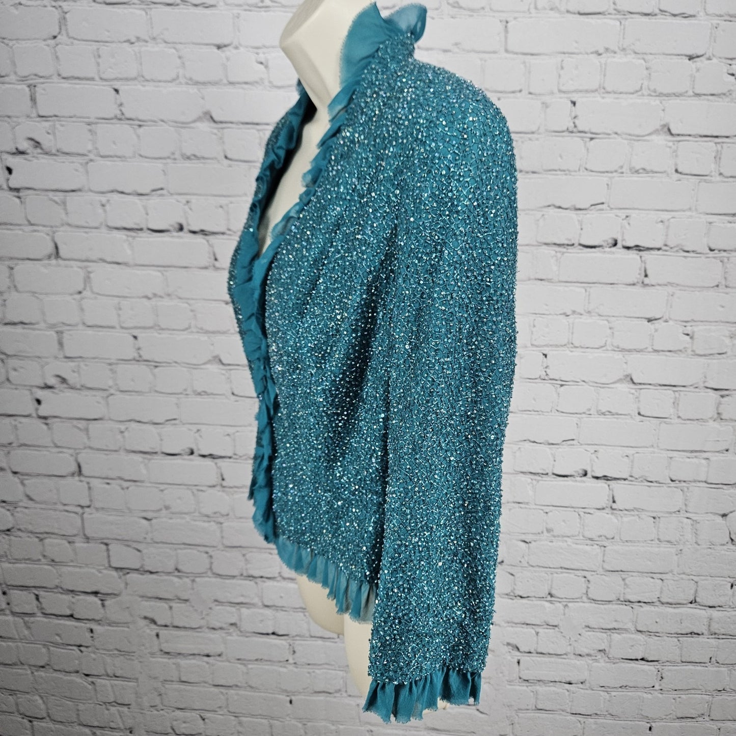 Carmen Marco Valvo Green Beaded Silk Lined Signature Ruffle 3/4 Sleeve Jacket 8