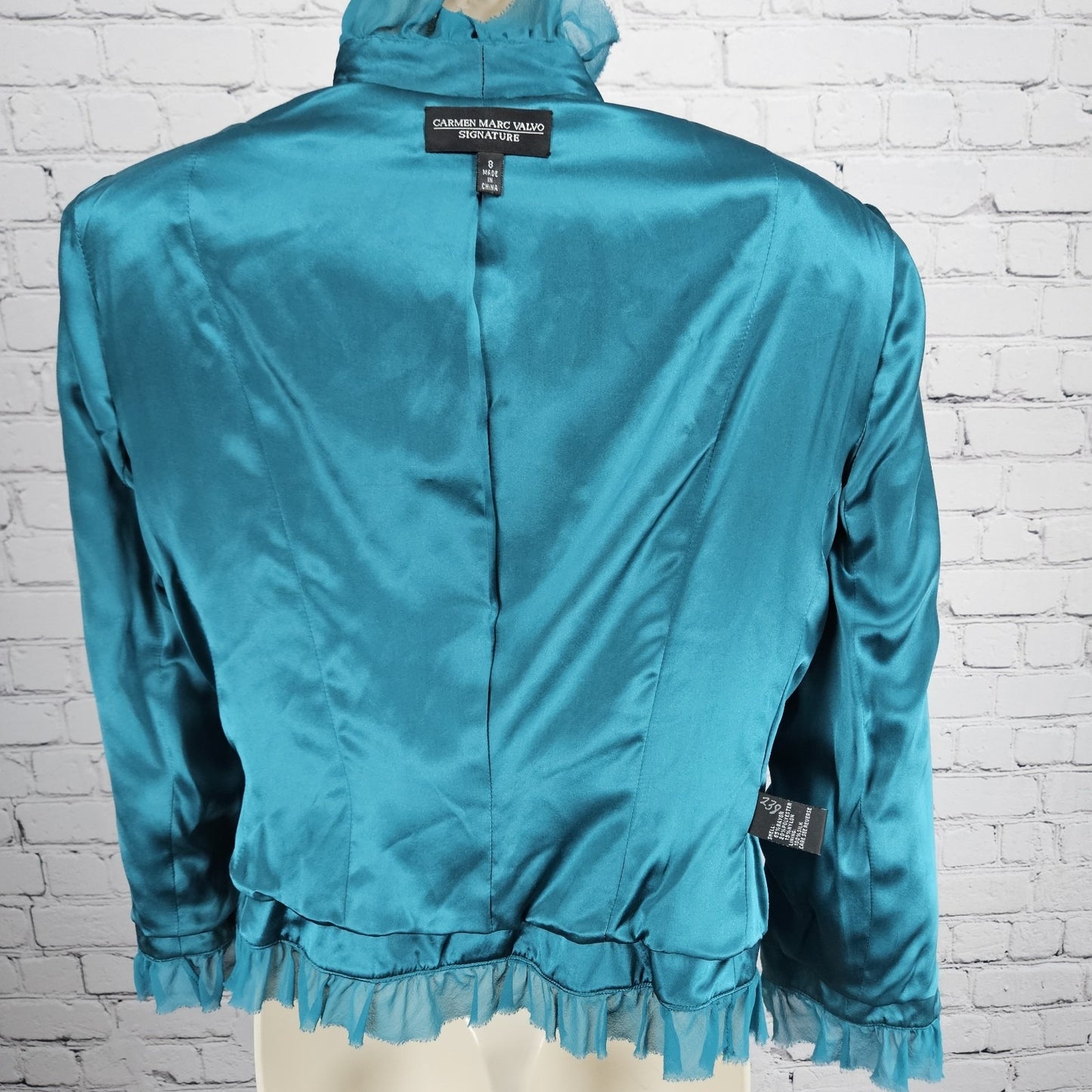 Carmen Marco Valvo Green Beaded Silk Lined Signature Ruffle 3/4 Sleeve Jacket 8