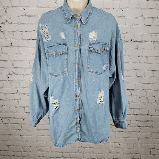 Signature 8 Blue Chambray Distressed Urban Streetwear Denim Button Shirt Small S
