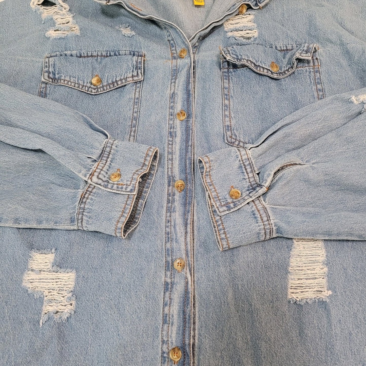 Signature 8 Blue Chambray Distressed Urban Streetwear Denim Button Shirt Small S