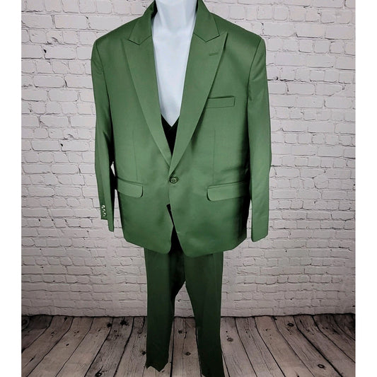 NWT Menista Green 3 Piece Full Suit Vest Set Peak Jacket Size 45 Pants 40x29
