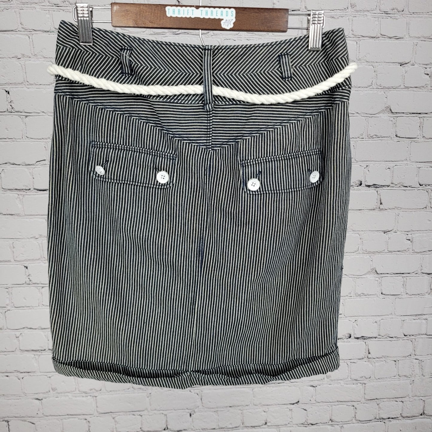 ETT Twa Anthropologie Navy 100% Cotton Striped Belted Pleated Short Skirt 8
