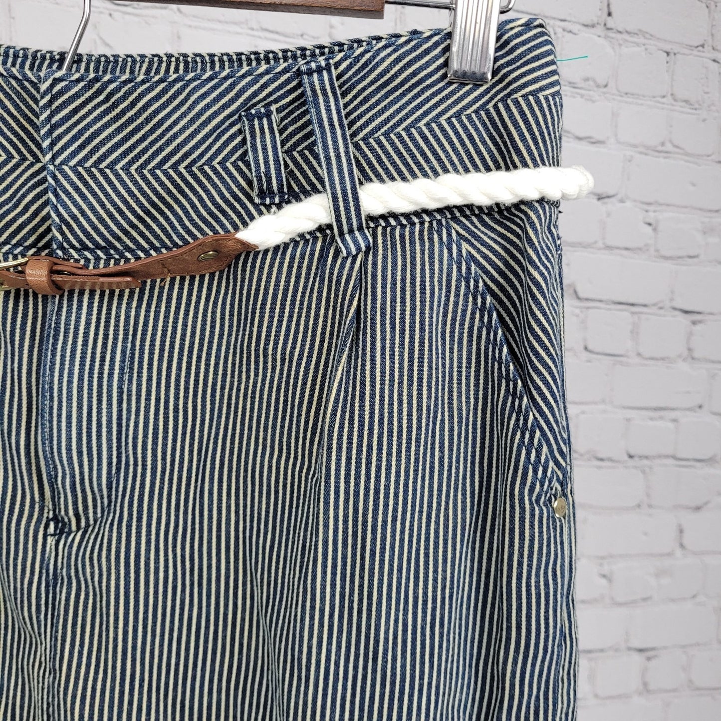 ETT Twa Anthropologie Navy 100% Cotton Striped Belted Pleated Short Skirt 8
