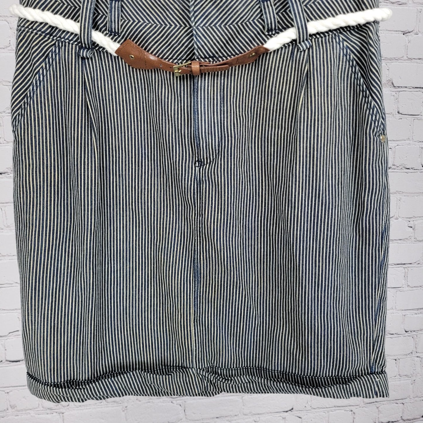 ETT Twa Anthropologie Navy 100% Cotton Striped Belted Pleated Short Skirt 8