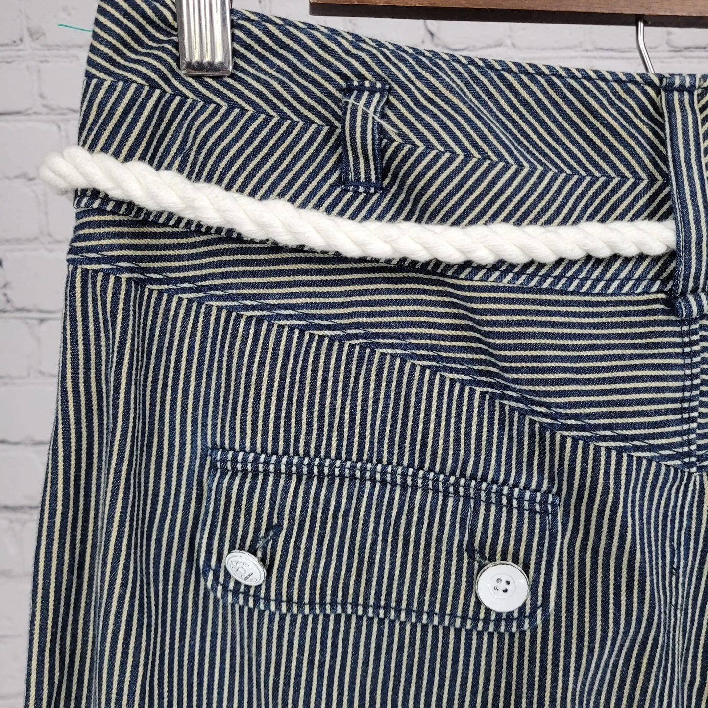 ETT Twa Anthropologie Navy 100% Cotton Striped Belted Pleated Short Skirt 8