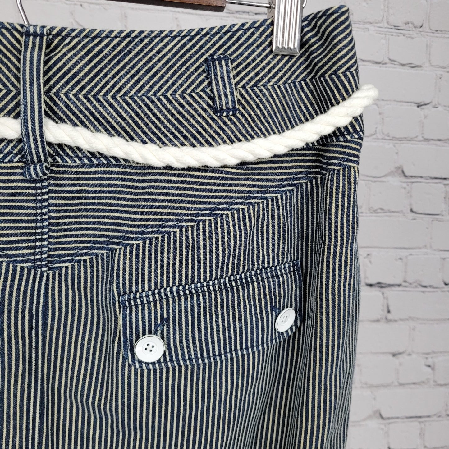 ETT Twa Anthropologie Navy 100% Cotton Striped Belted Pleated Short Skirt 8