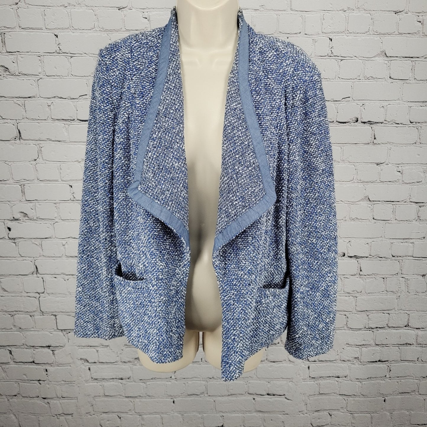 Talbots Blue Textured Open Long Sleeve Pockets Unlined Lapel Jacket Small S