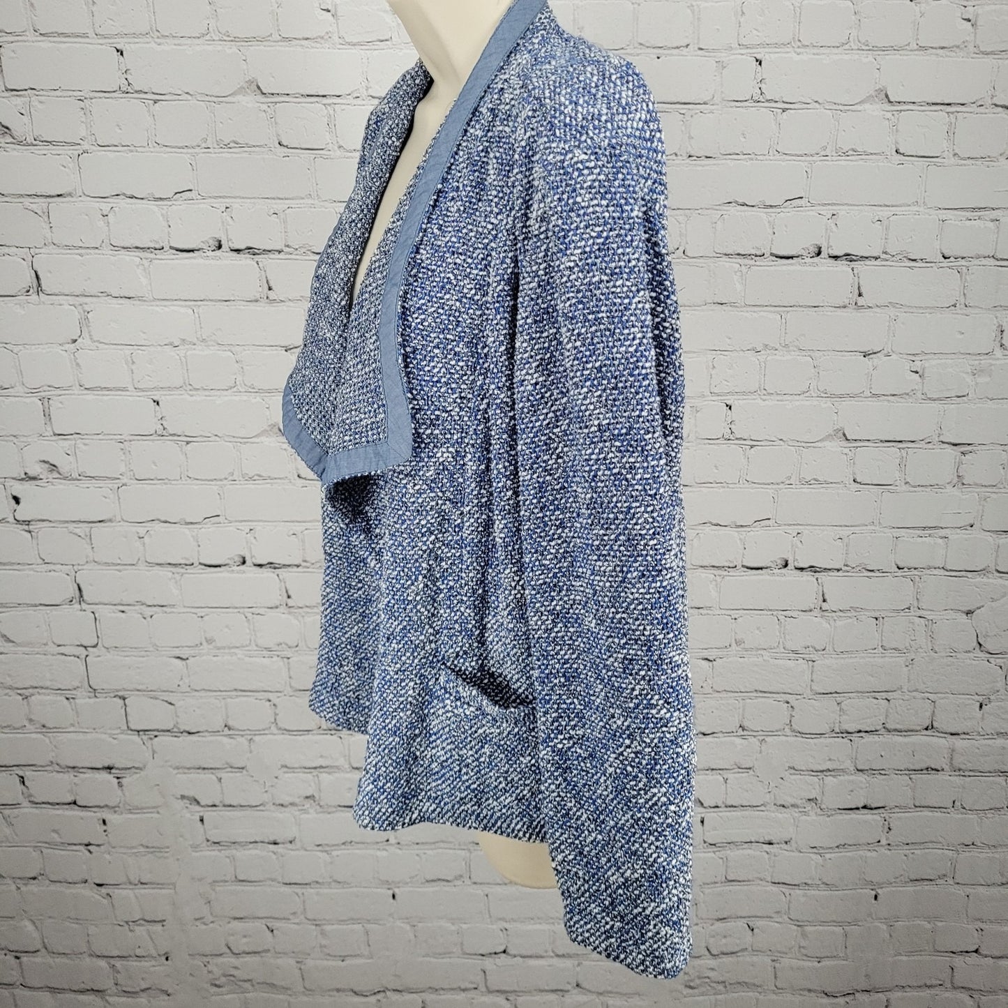 Talbots Blue Textured Open Long Sleeve Pockets Unlined Lapel Jacket Small S
