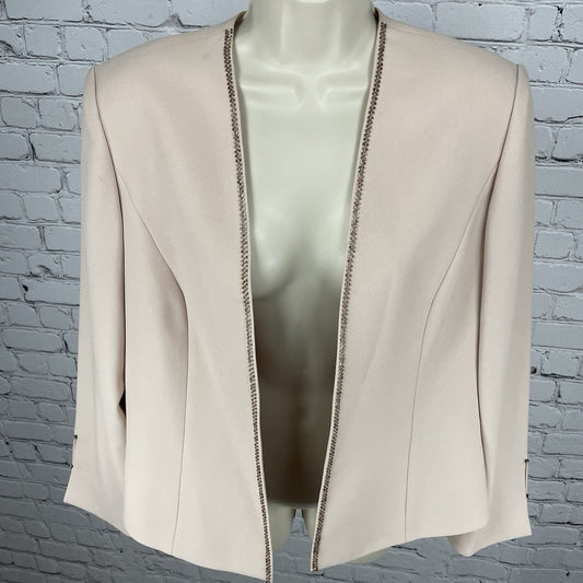 Karen Miller Beige Beaded Open Lined Shoulder Padded Cuff Accents Jacket Size 12