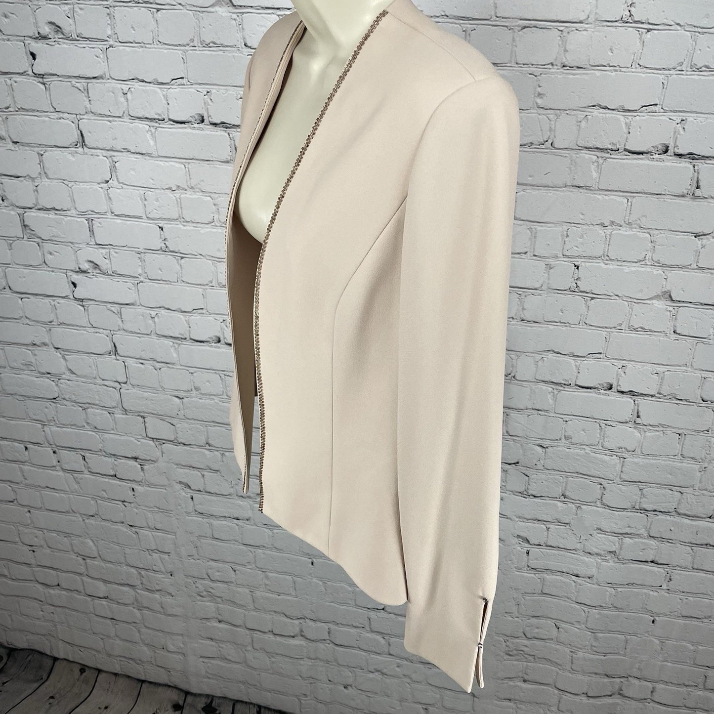 Karen Miller Beige Beaded Open Lined Shoulder Padded Cuff Accents Jacket Size 12