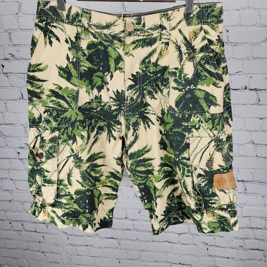 AKOO Beige Palm Tree 100% Cotton Cargo Snap Pockets Shorts Size 36 (35x12)