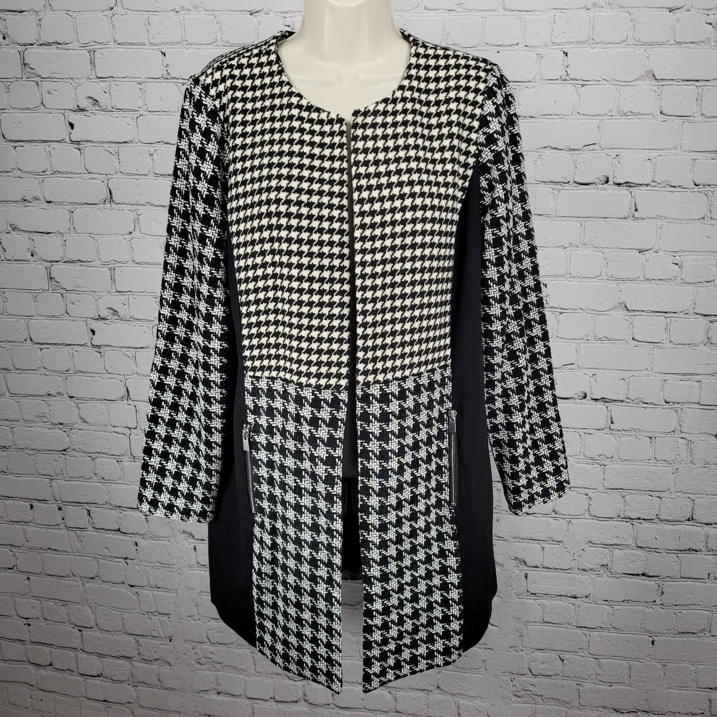 Chico's Black White Ivory Houndstooth Open Collarless Lined Jacket 1 US 8/10