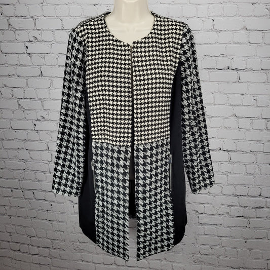 Chico's Black White Ivory Houndstooth Open Collarless Lined Jacket 1 US 8/10
